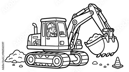 Excavator machine with a worker inside.