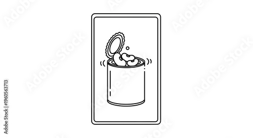 Simple black and white line art depicting an opened food tin containing beans, showing basic
