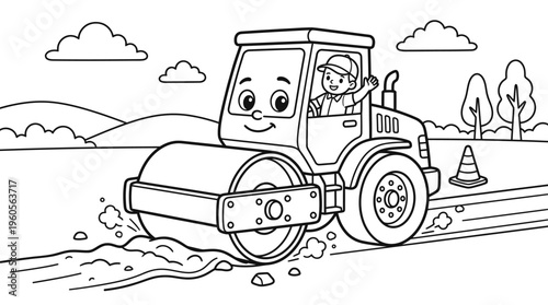 Smiling cartoon road roller machine.