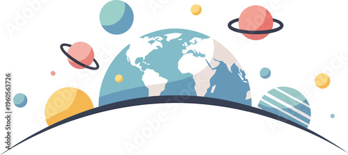 Stylized representation of Earth sits low on a curved horizon surrounded by various colorful celestial bodies.