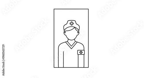 Minimalist black outline drawing depicting a healthcare professional, possibly a nurse, wearing