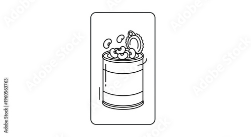Minimalist line art illustration of an opened tin can with beans spilling out of it