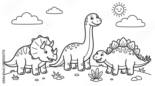 Dinosaur Trio Standing Together Outdoors.