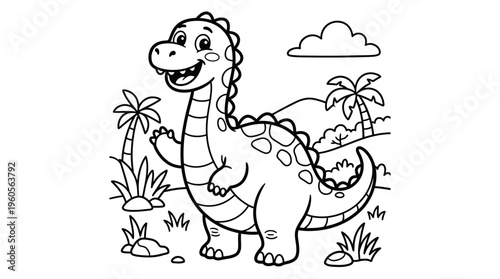 Smiling cartoon dinosaur standing alone.