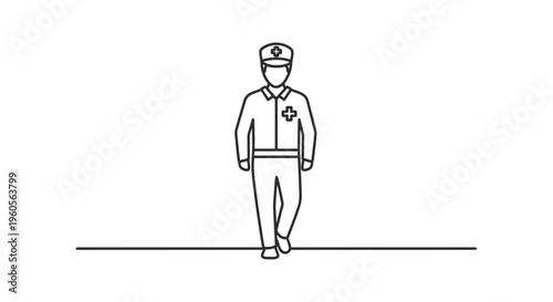 Modern line art icon portraying a healthcare first responder walking with resolve