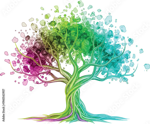 Vibrant abstract tree illustrates growth, renewal, and the colorful spectrum of life blossoming brightly.