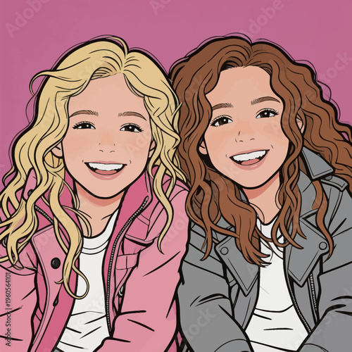 Two girls smile while sitting together in front of a pink background during a casual gathering in the afternoon