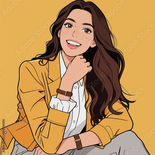 Woman smiles with long hair wearing a yellow jacket and a white shirt in front of a yellow background
