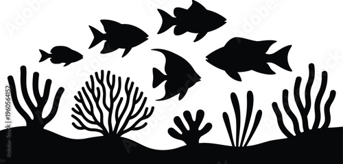 Silhouettes of assorted tropical fish and diverse underwater plants thriving in a marine habitat