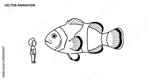 A small human encountering a giant fish in a striking monochrome vector animation, illustrating