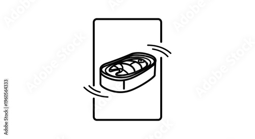 Monochromatic line art illustrating a sardine can vibrating within a rectangular boundary