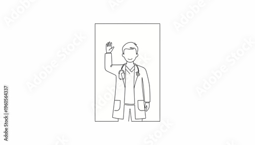 Minimalist single line illustration of a kind doctor with a stethoscope gesturing a friendly welcome