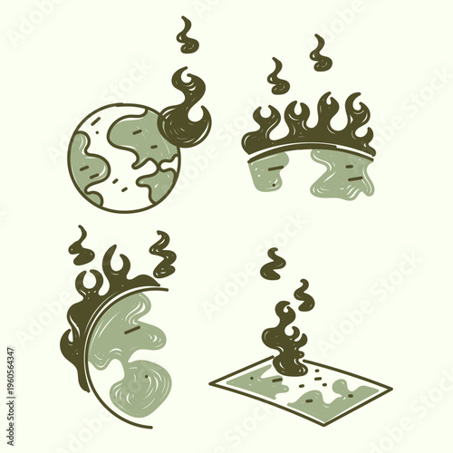 Vector doodle icon set of burning planets and earth maps for global warming concept