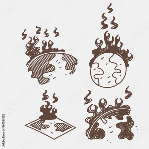 Vector doodle icon set of burning planets and earth maps for global warming concept