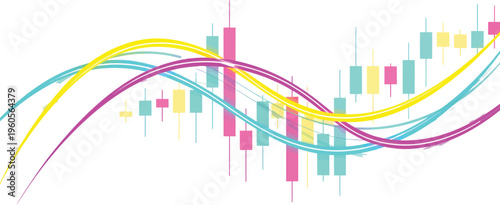 Abstract colorful line graphs and candlestick charts visualize dynamic stock market performance trends over time.