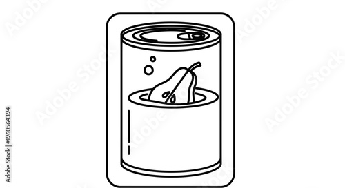 Stylized black and white illustration of a single fresh pear submerged inside an opened food can