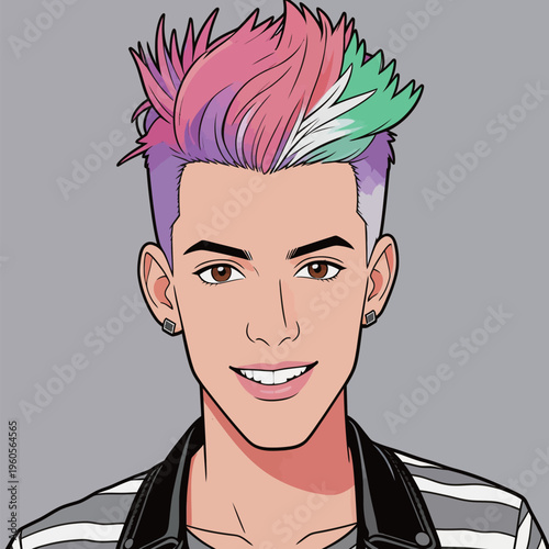 Young person with colorful hair and striped shirt smiles against a gray background while showing a confident expression