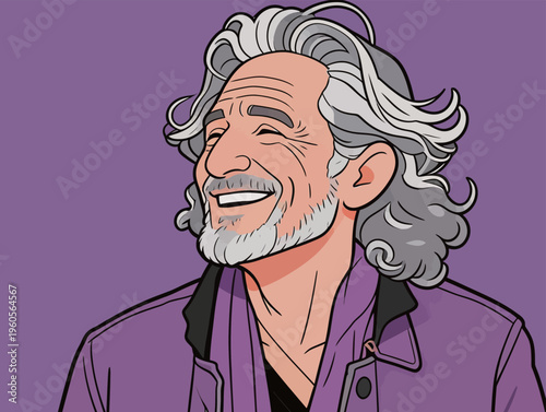 Man with gray hair smiles against a purple background in a simple, colorful digital artwork created in a relaxed setting