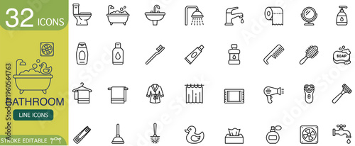 Bathroom icon line set hygiene plumbing bathtub toilet sink outline pictogram collection with shower faucet towel soap toothbrush mirror razor plunger duck tissue vector graphic