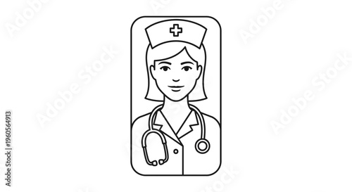 A compassionate female nurse avatar with medical uniform and stethoscope line art graphic