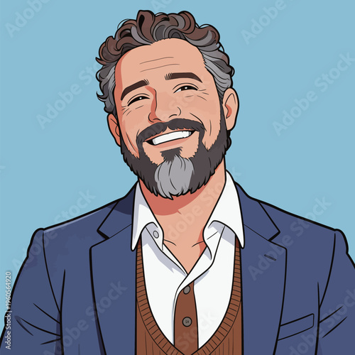 Man smiles wearing a blue suit and white shirt with brown cardigan in a simple blue background