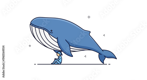 Minimalist illustration depicting a small human figure finding shelter beneath a massive blue