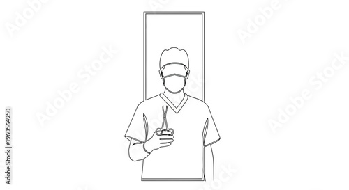 Minimalist continuous line art illustration of a masked healthcare professional holding surgical