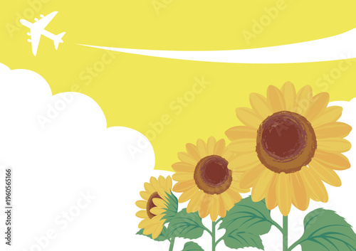 Summer Blue Sky and Sunflowers Background with Airplane and Vapor Trail - Copy Space for Greeting Card