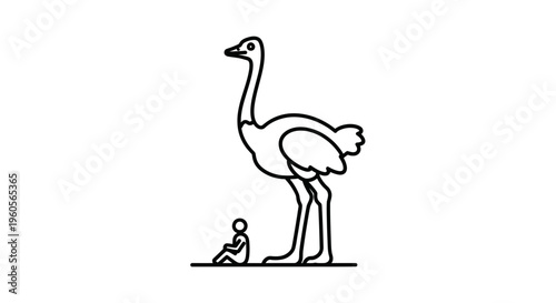 Minimalist outline drawing illustrating a towering ostrich next to a tiny sitting human figure