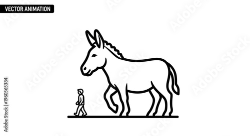 Minimalist vector animation graphic portraying a sizable equine walking alongside a tiny human