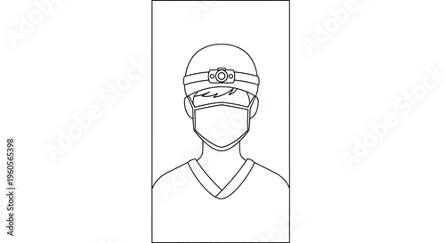 Minimalist line art illustration of a medical professional wearing a mask and headlamp for