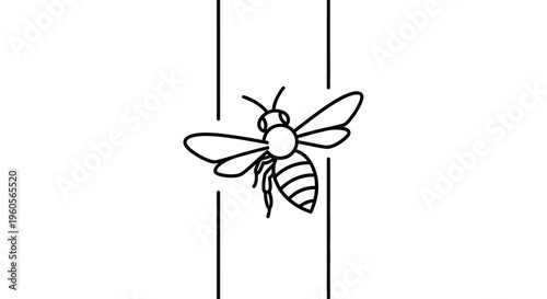 Minimalist black outline bee graphic flying between vertical lines on a crisp white background