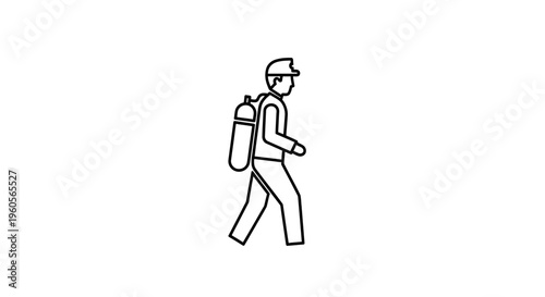 Minimalist outline icon of a worker or adventurer carrying a tank on their back, depicting