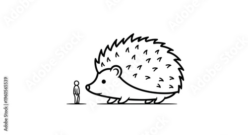 Minimalist outline illustration showcasing a tiny person observing a colossal spiky hedgehog