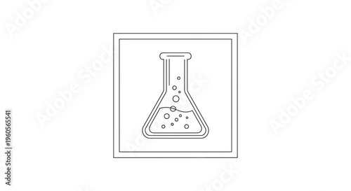 Clean line art illustration of a laboratory conical flask with bubbling liquid, representing