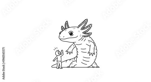 A tiny human marvels at an enormous, friendly axolotl, creating a whimsical scene of wonder and