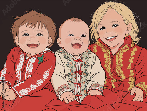Children in traditional clothing sit together and smile in a warm setting during a festive occasion