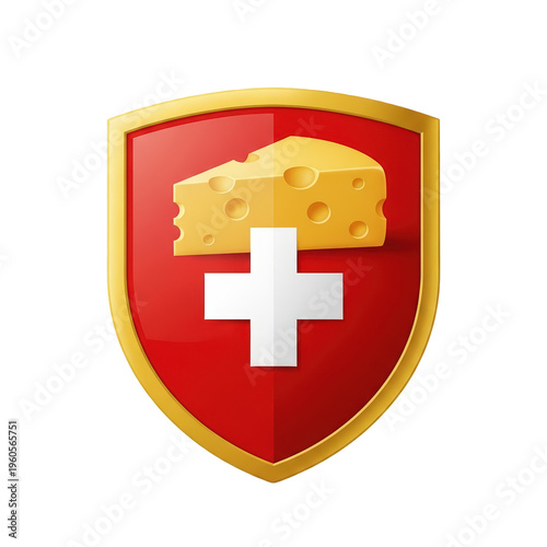 Red Shield Emblem With Swiss Cheese and White Cross Symbol Isolated Transparent Background