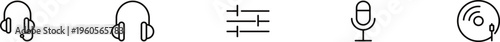 Audio icons set headphones music notes microphone sound wave 