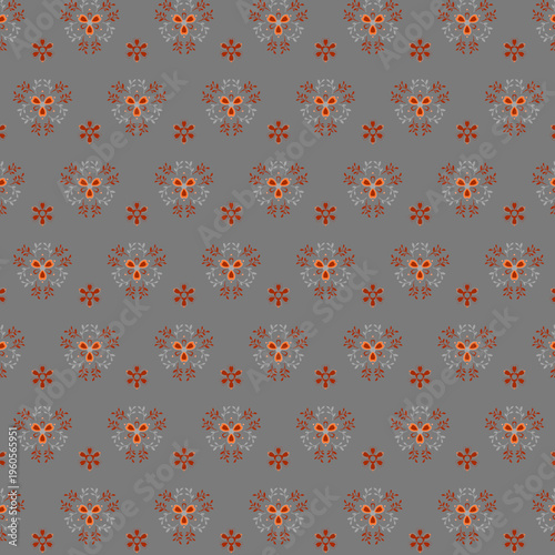 Minimalistic design, small floral pattern Tiny simplified silhouettes of flowers and leaves on a gray background Fabrics Textile design Gift wrapping Country style