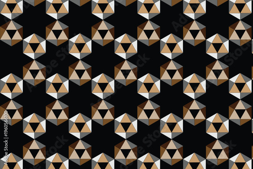 Geometric icosahedron pattern vector, seamless 3D platonic solid background, luxury gold and black faceted hexagon texture for premium branding