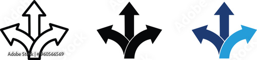 Three-way directional arrow icons, diverging path symbols for decision making, set of 3 vector arrows for navigation and business strategy