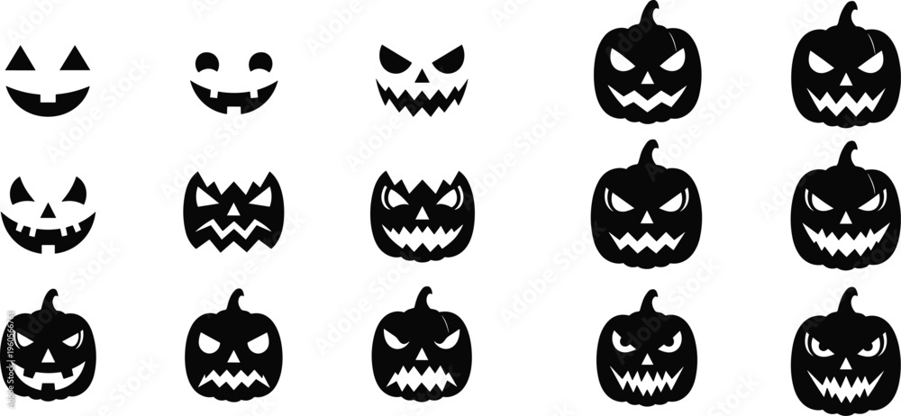 Fototapeta premium Halloween pumpkin faces icons set jack o lantern spooky scary expressions vector illustration silhouette collection design