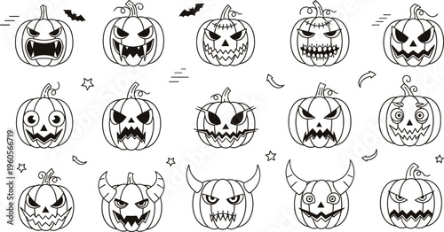 Scary Halloween pumpkin faces set evil jack o lantern expressions spooky line art vector illustration collection design