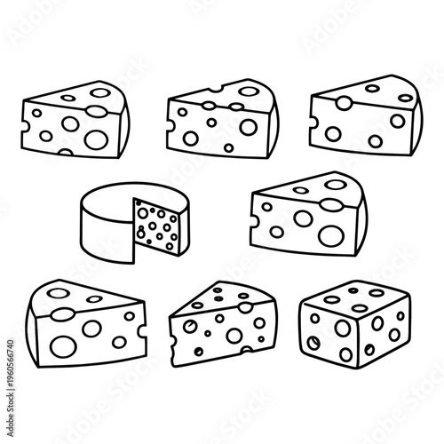 Various types of cheese slices silhouettes, set of dairy food pieces and wedges icons