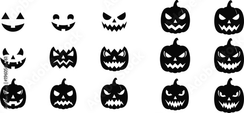 Halloween pumpkin faces icons set jack o lantern spooky scary expressions vector illustration silhouette collection design