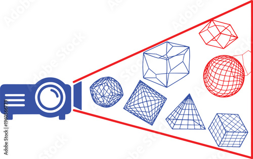 Projector displaying geometric shapes in blue and red wireframe on white background