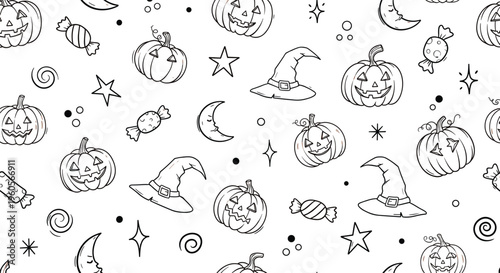 Halloween seamless pattern with pumpkins witch hats candy stars moon doodle line art vector illustration background design