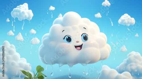 Cute Happy Cartoon Cloud Character Raining in Blue Sky with Water Drops, Adorable 3D Illustration