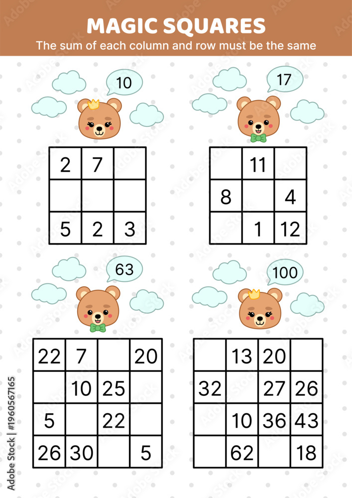Obraz premium Bear. Magic squares. Math puzzle game. The sum of each column and row must be the same. Fill in the missing numbers. Educational attention game for kids. Isolated vector illustration eps 10